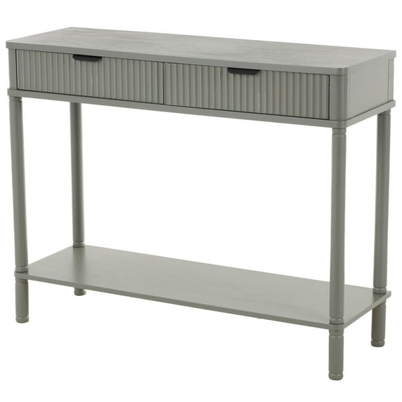 DecMode 36" x 28" Gray Wood Handmade 2 Drawer Console Table with Black Handle and Ribbed Front, 1-Piece