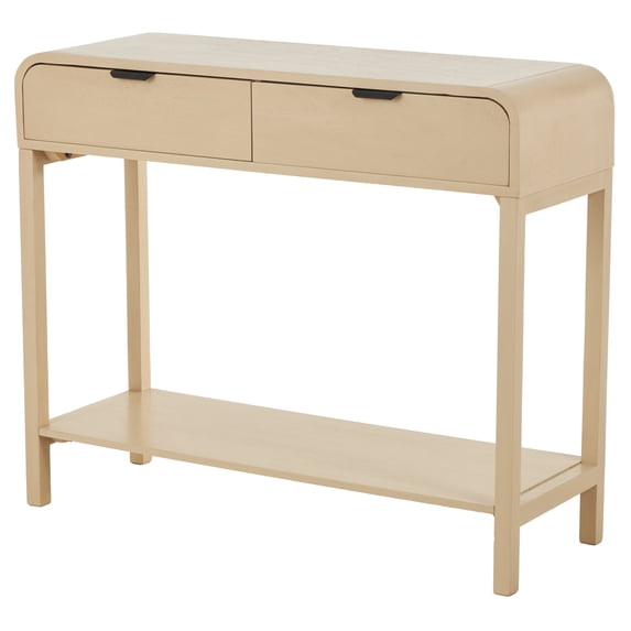 DecMode 36" x 30" Beige Wood Handmade 2 Drawer Console Table with Black Handles, 1-Piece