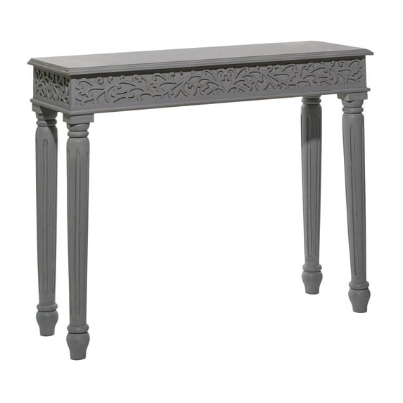 DecMode 36" x 30" Gray Wood Intricately Carved Scroll Console Table with Turned Legs, 1-Piece