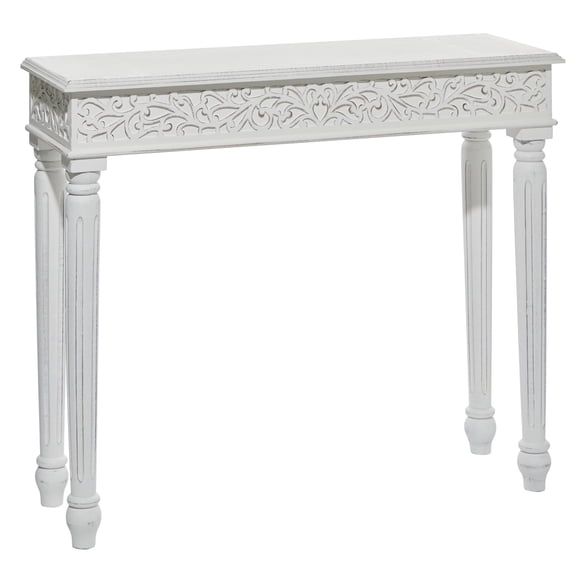 DecMode 36" x 30" White Wood Intricately Carved Slim Scroll Console Table with Turned Legs, 1-Piece