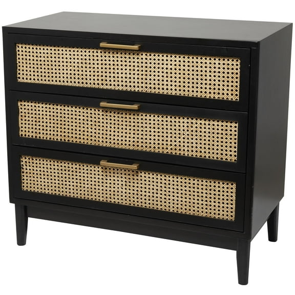 DecMode 36" x 32" Black Wood 3 Drawer Chest with Beige Rattan Drawers and Gold Handles, 1-Piece