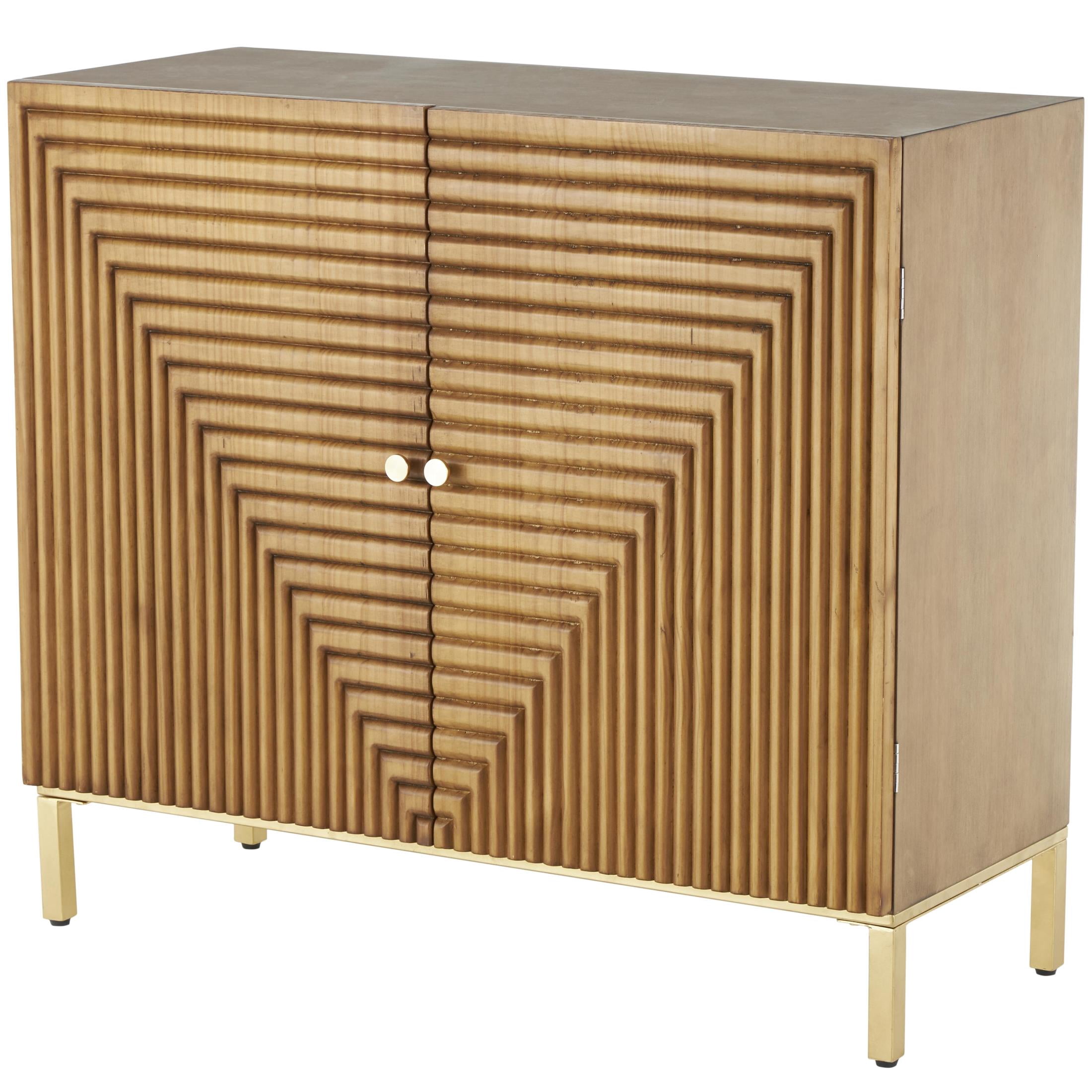 DecMode 36" x 32" Brown Wood Carved Square Geometric Cabinet with Gold Accents, 1-Piece