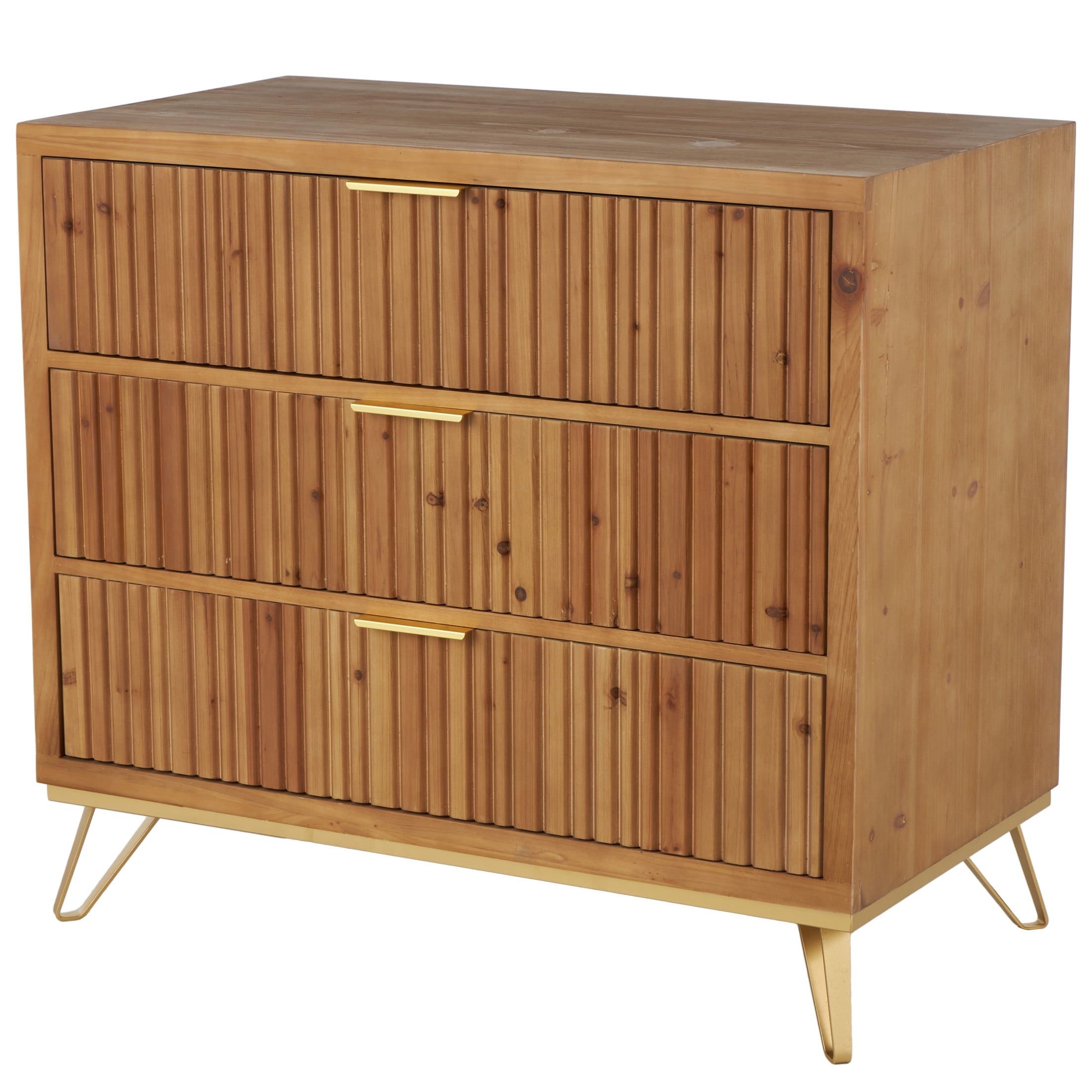 DecMode 36" x 32" Brown Wooden Ribbed 3 Drawer Chest with Gold Handles and Legs, 1-Piece