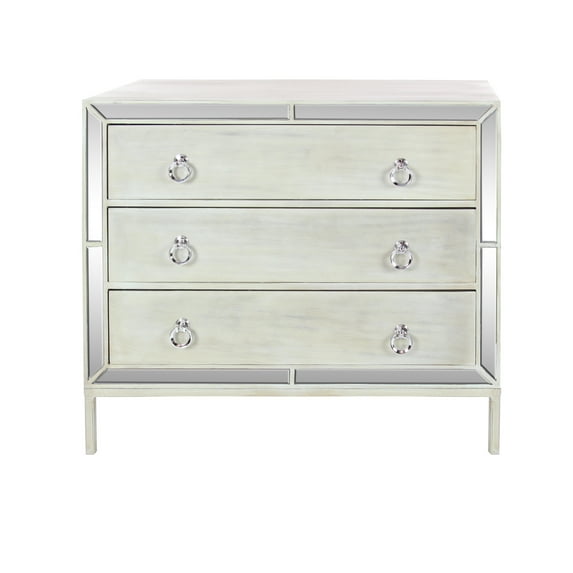 DecMode 36" x 32" Cream Wood Chest with Ring Handles, 1-Piece