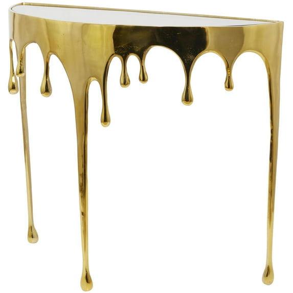 DecMode 36" x 32" Gold Aluminum Metal Half Moon Drip Abstract Console Table with Melting Designed Legs and Black Glass Top, 1-Piece