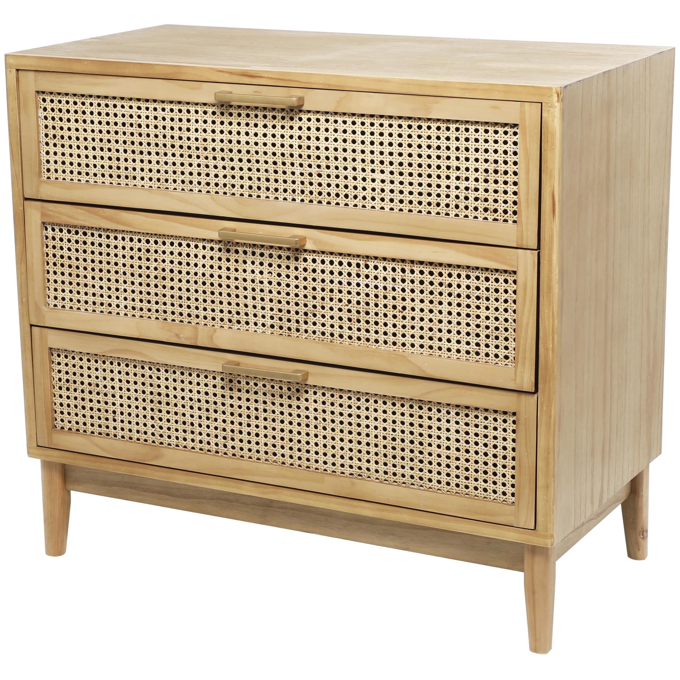 DecMode 36" x 32" Light Brown Wood 3 Drawer Chest with Beige Rattan Drawers and Gold Handles, 1-Piece