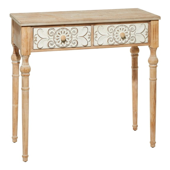 DecMode 36" x 33" Brown Wood Intricately Carved Floral 2 Drawer Console Table, 1-Piece