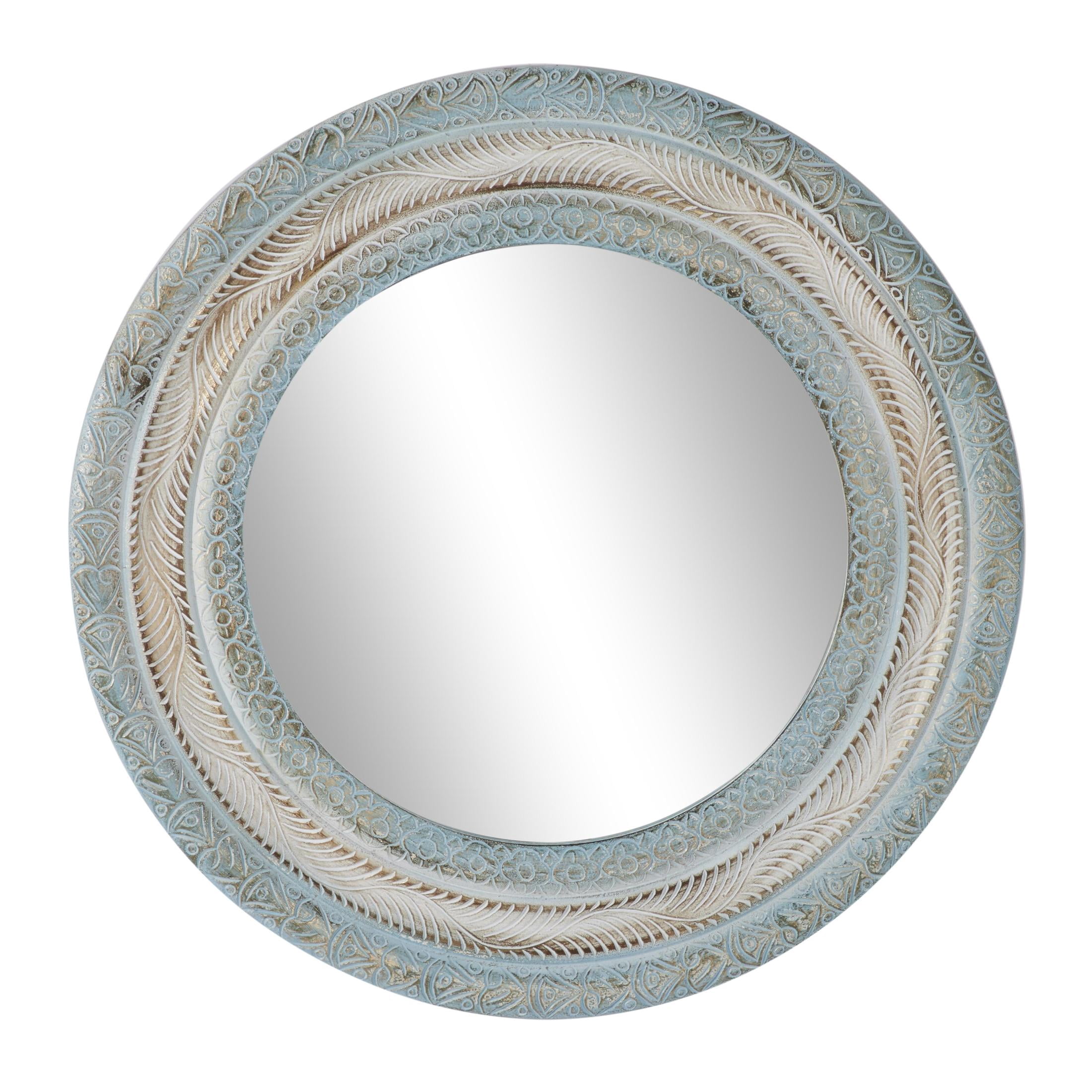 DecMode 36" x 36" Blue Distressed Carved Floral Wall Mirror with Gold and Beige Accents