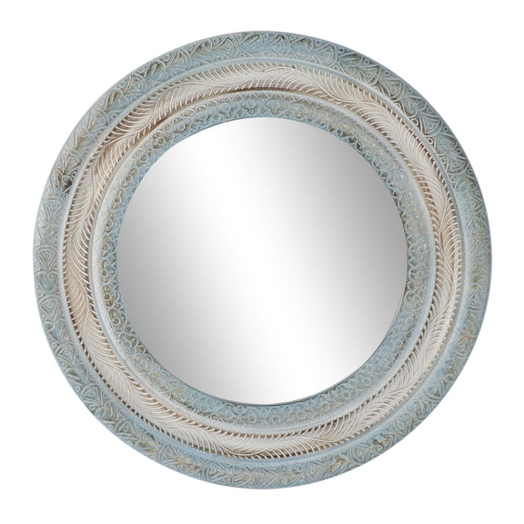 DecMode 36" x 36" Blue Distressed Carved Floral Wall Mirror with Gold and Beige Accents