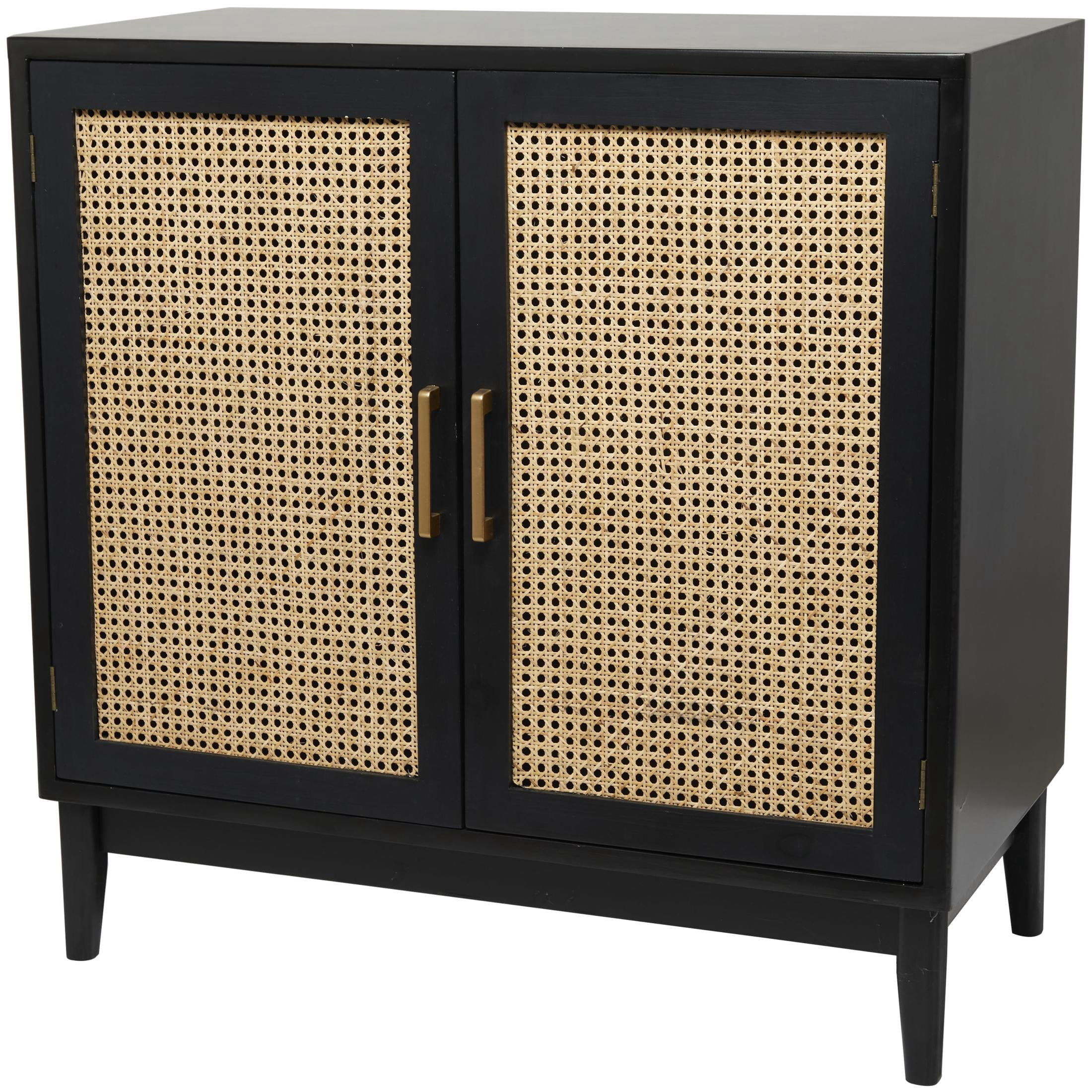 DecMode 36" x 36" Black Wood 2 Door Cabinet with Beige Rattan Doors and Gold Handles, 1-Piece