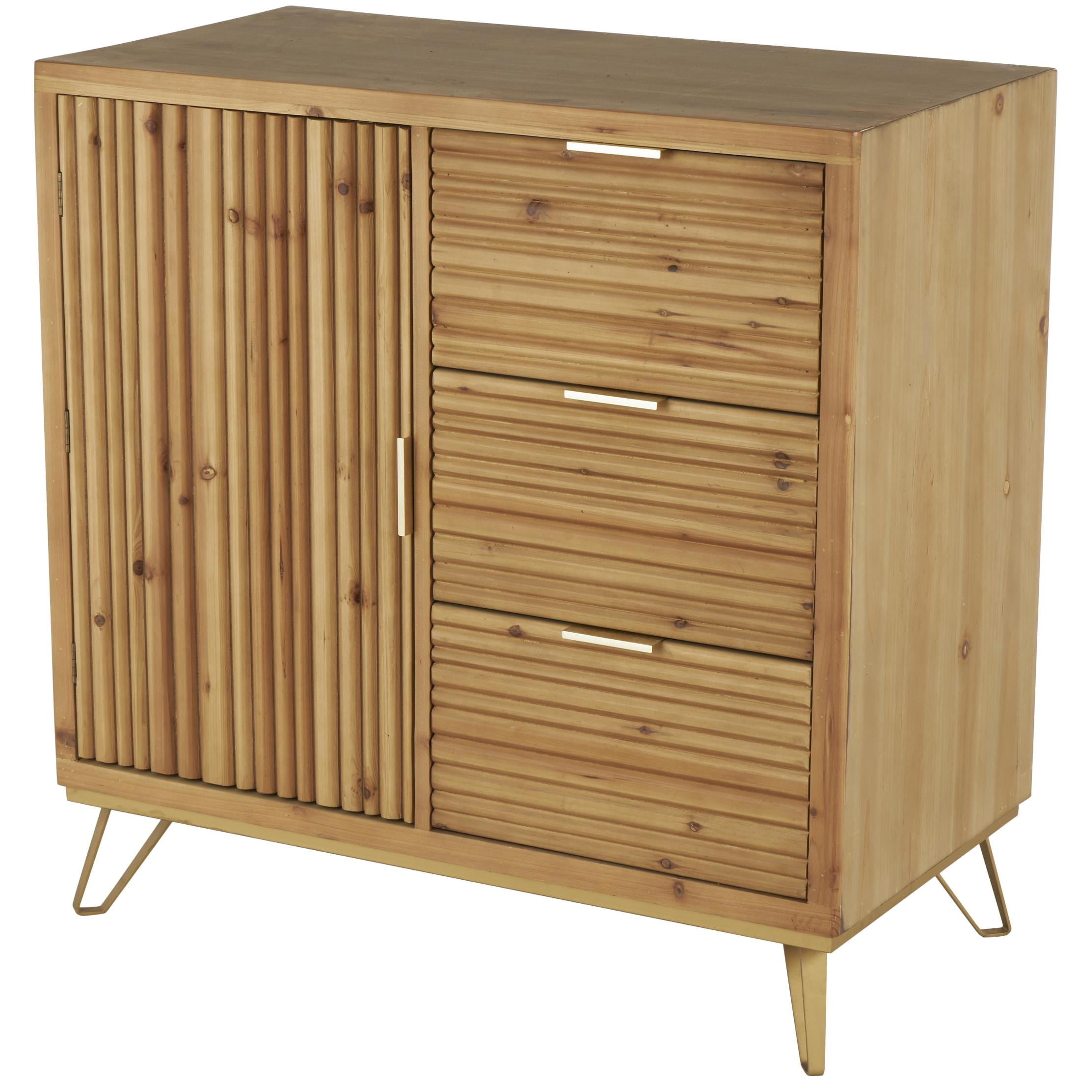 DecMode 36" x 36" Brown Wooden Ribbed 1 Door and 3 Drawer Cabinet with Gold Metal Handles, 1-Piece