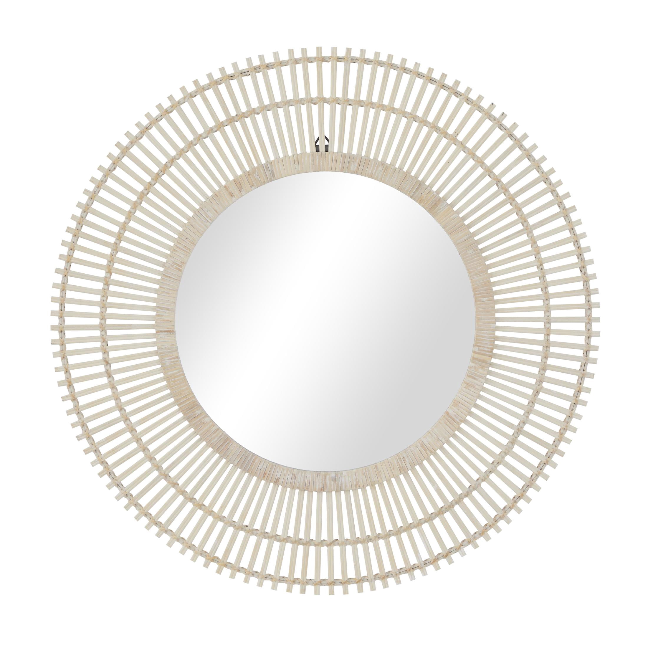 DecMode 36" x 36" Cream Handmade Stick Starburst Wall Mirror with Wrapped Rattan