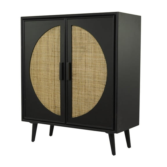 DecMode 36" x 43" Black Wood Square 2 Door Geometric Cabinet with Circular Rattan Accent, 1-Piece