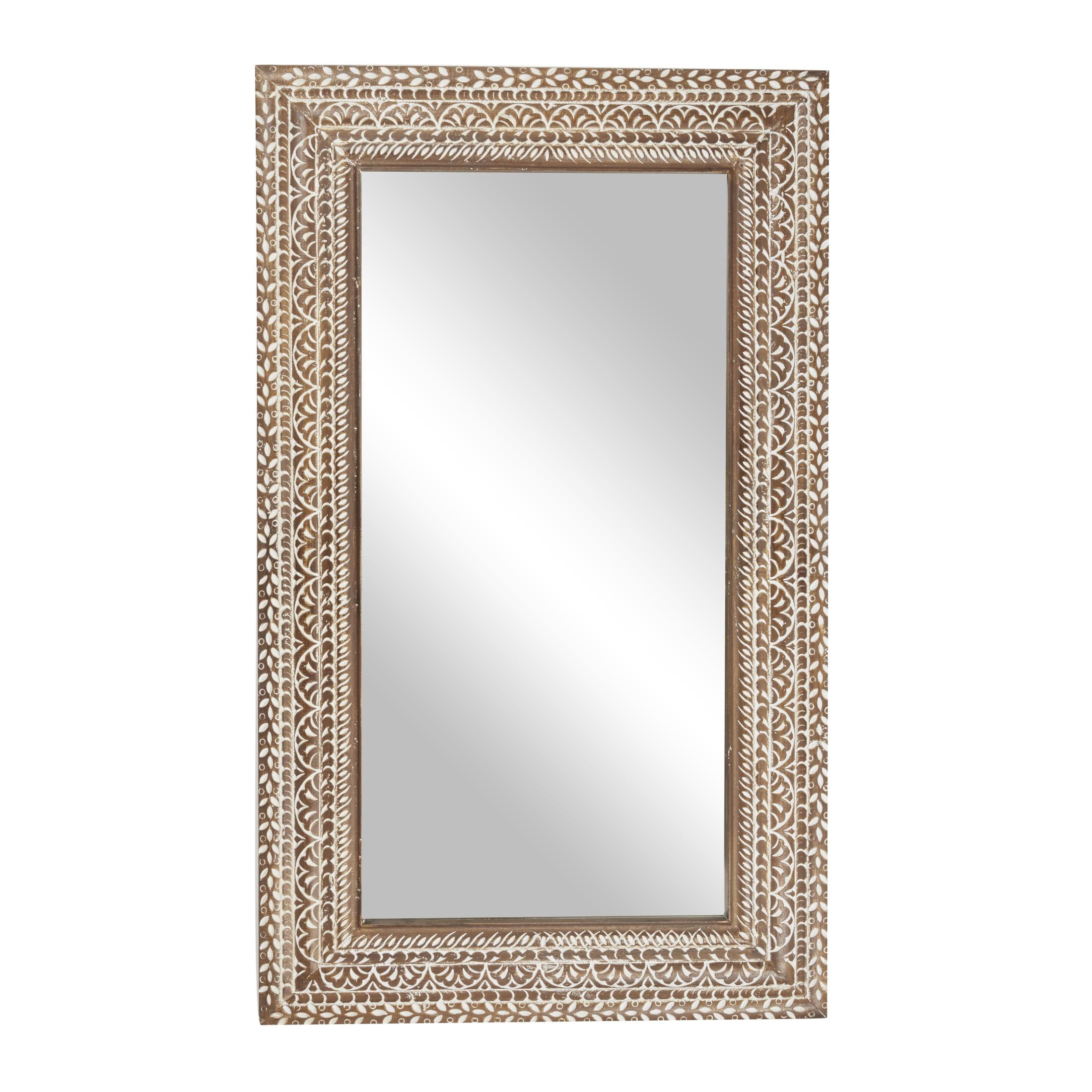 DecMode 36" x 59" Brown Floral Wall Mirror with Detailed Cream Carvings