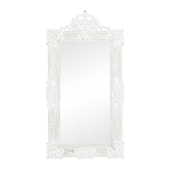 DecMode 36" x 69" White Intricately Carved Acanthus Floral Wall Mirror