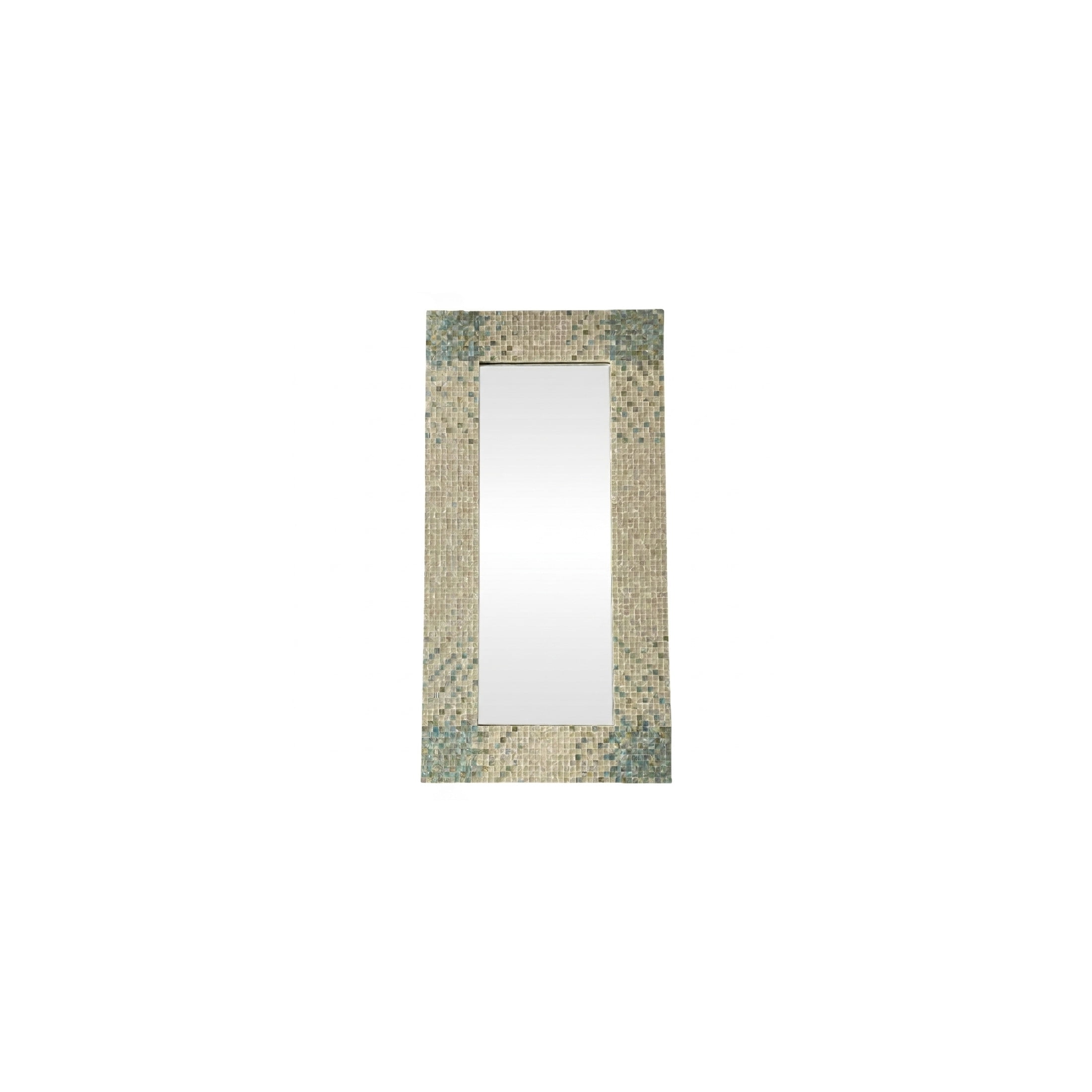 DecMode 36" x 70" Cream Handmade Mosaic Wall Mirror with Blue Corners