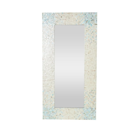 DecMode 36" x 70" Cream Handmade Mosaic Wall Mirror with Blue Corners