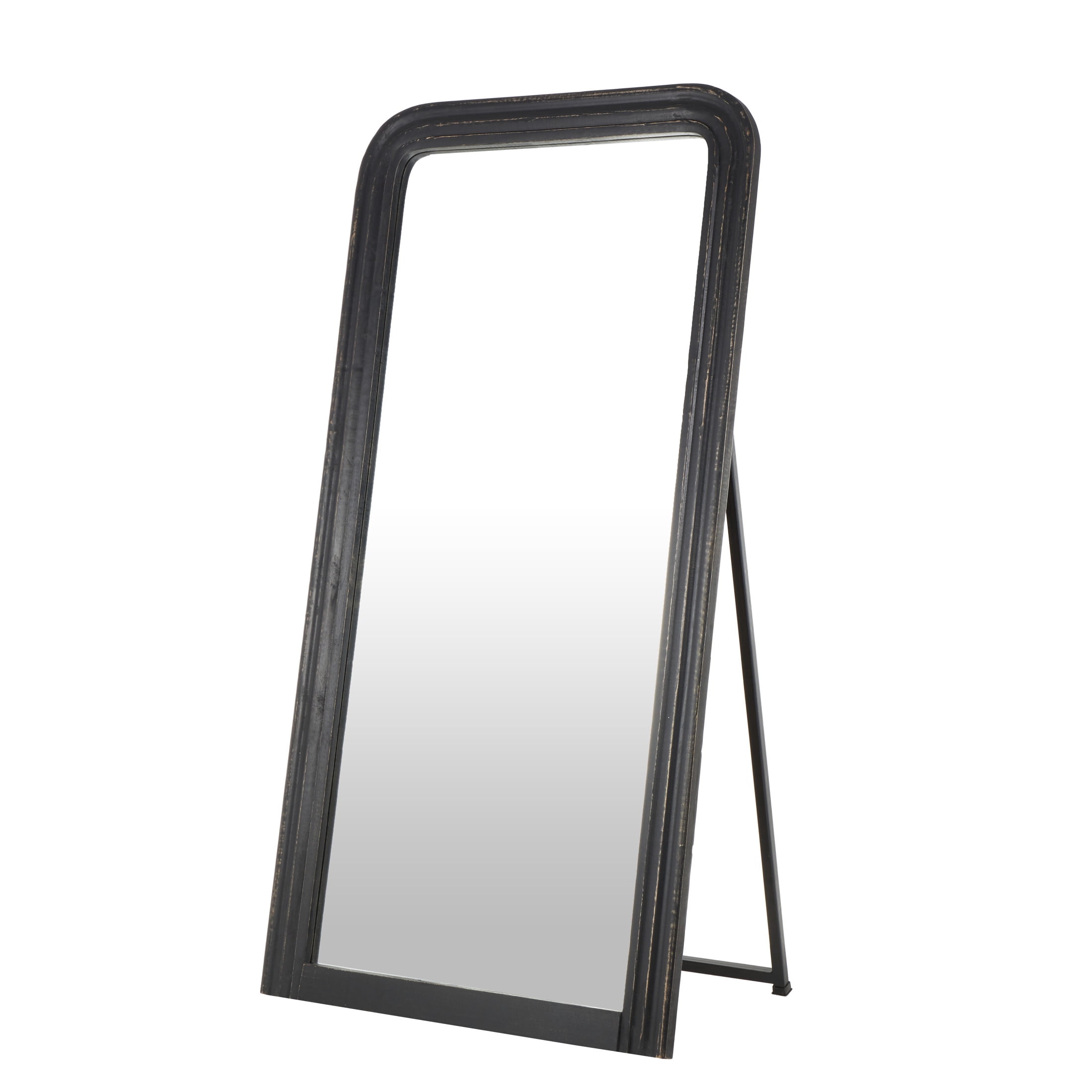 DecMode 36" x 72" Black Mango Wood Distressed Floor Mirror with Carved Grooves