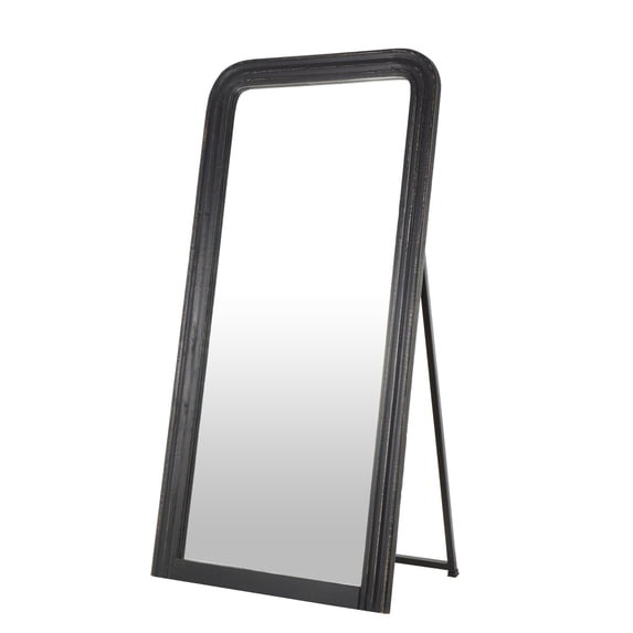 DecMode 36" x 72" Black Mango Wood Distressed Floor Mirror with Carved Grooves