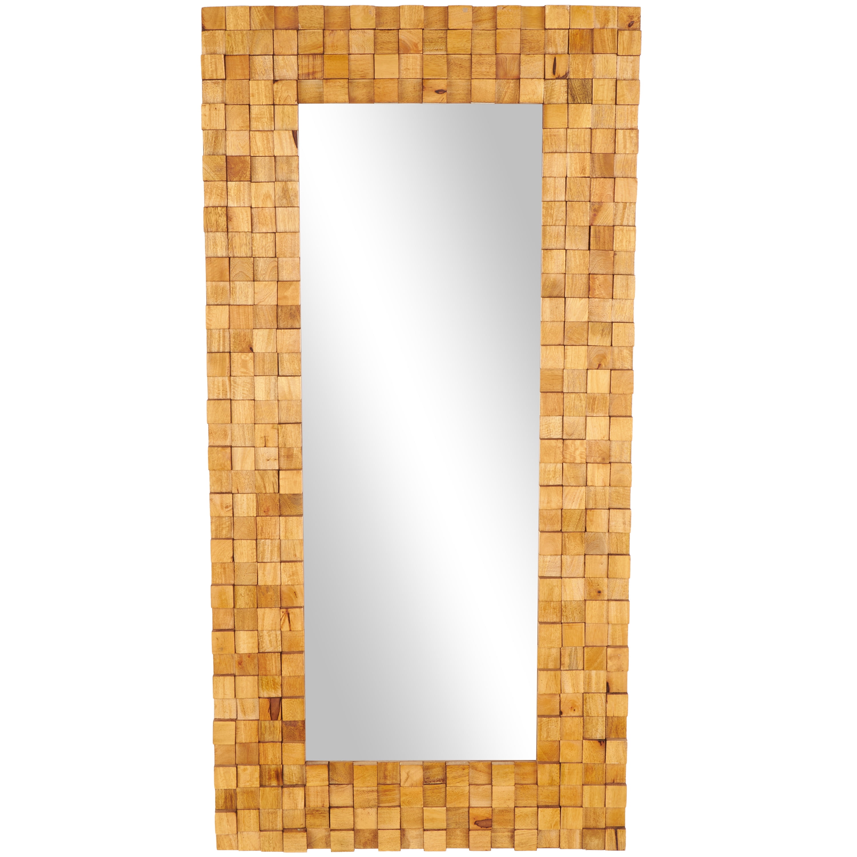 DecMode 36" x 72" Brown Mango Wood Geometric Handmade Dimensional Square Mosaic Floor Mirror with Natural Wood Grain Patterns