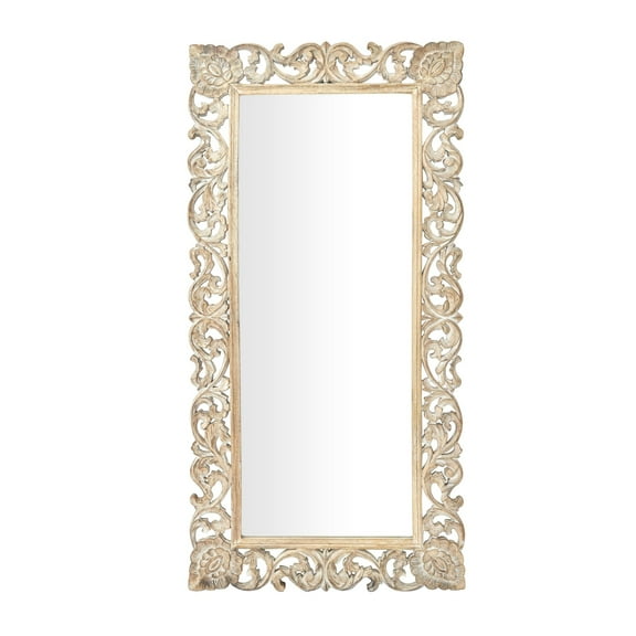 DecMode 36" x 72" Light Brown Washed Carved Scroll Wall Mirror