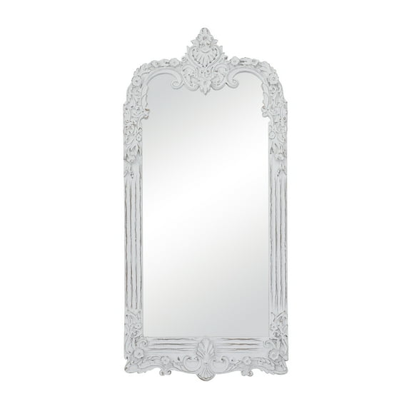 DecMode 36" x 77" White Intricately Carved Acanthus Floral Wall Mirror