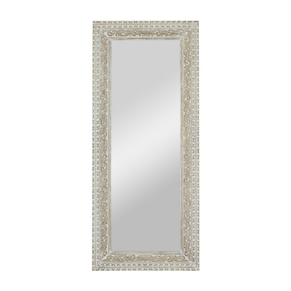 DecMode White Mango Wood Scroll Vine Room Wall Mirror with Brown Carved Detail, 36" x 2" x 84"