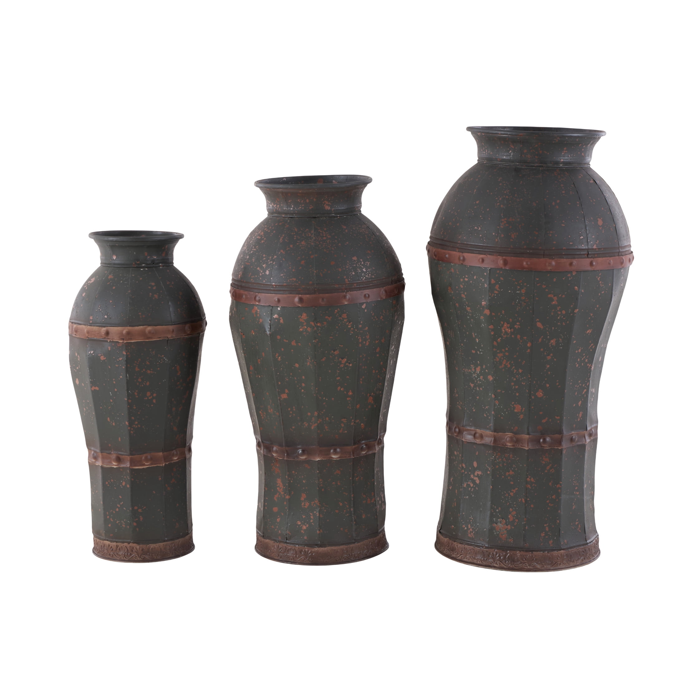 DecMode 37", 33", 29"H Distressed Dark Gray Metal Vase with Rivet Details, Set of 3
