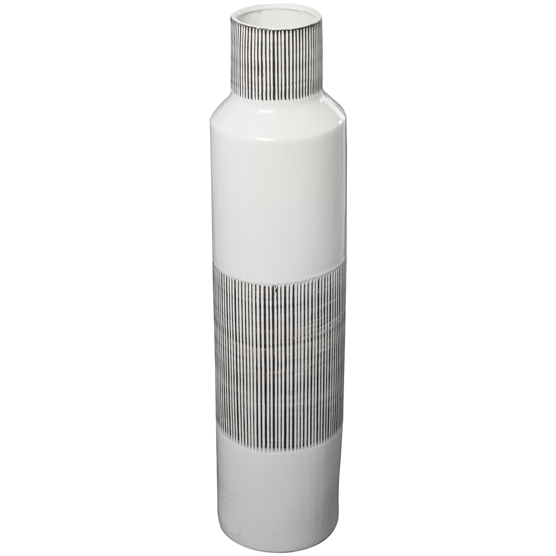 DecMode 37" Handmade White Ceramic Vase with Gray Striped Accents