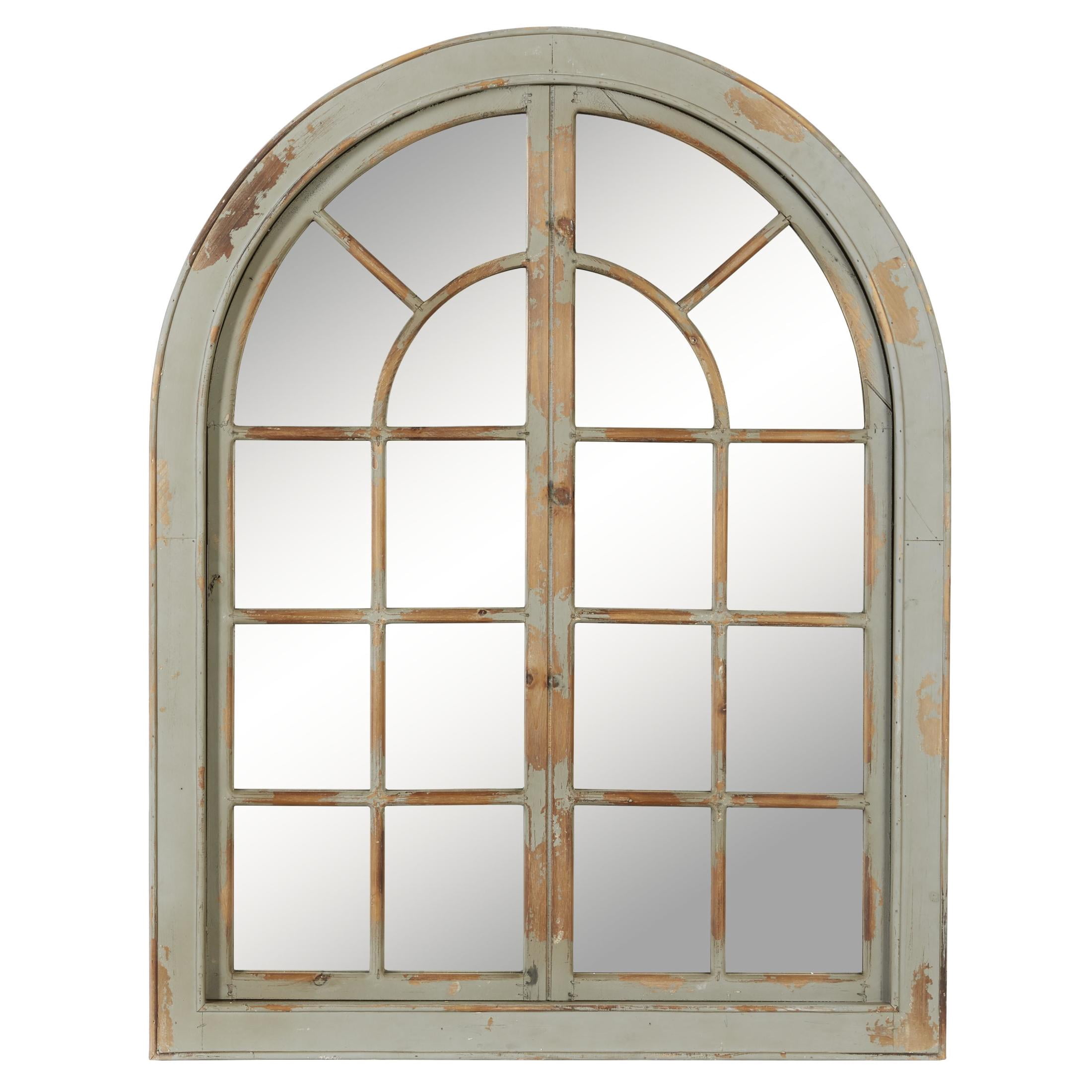 DecMode 37" x 48" Gray Window Pane Inspired Wall Mirror with Arched Top and Distressing