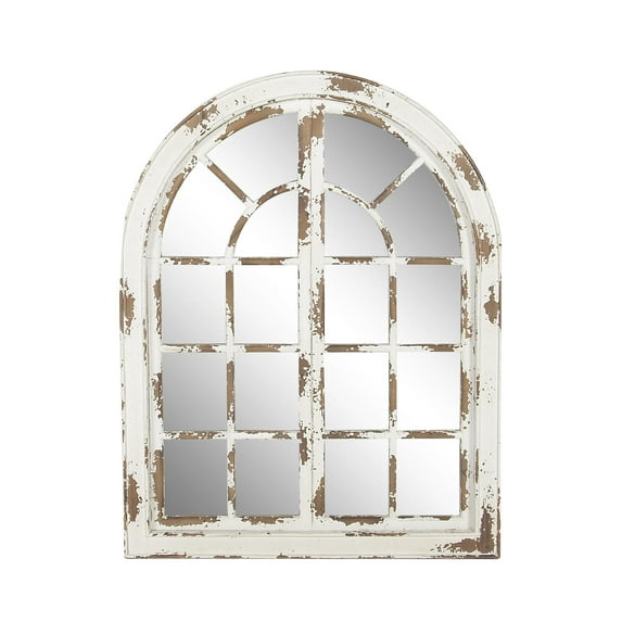DecMode 37" x 48" White Window Pane Inspired Wall Mirror with Arched Top and Distressing