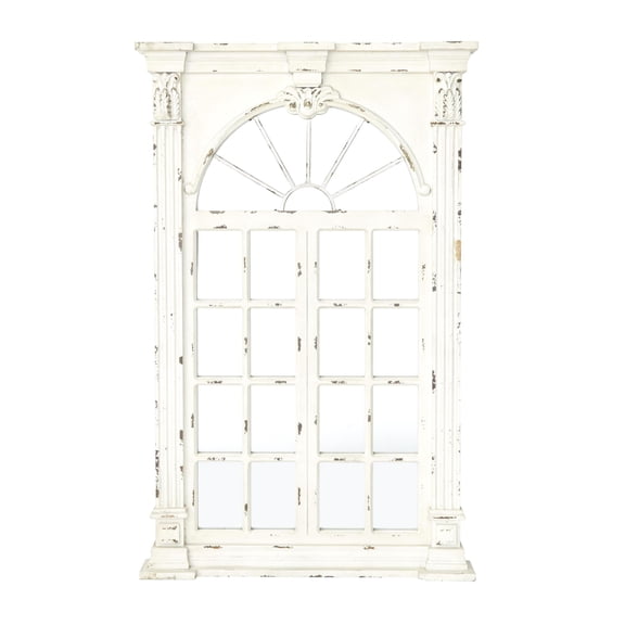 DecMode 37" x 52" Cream Distressed Vintage Scrolled Window Pane Wall Mirror with Arched Top and Columns