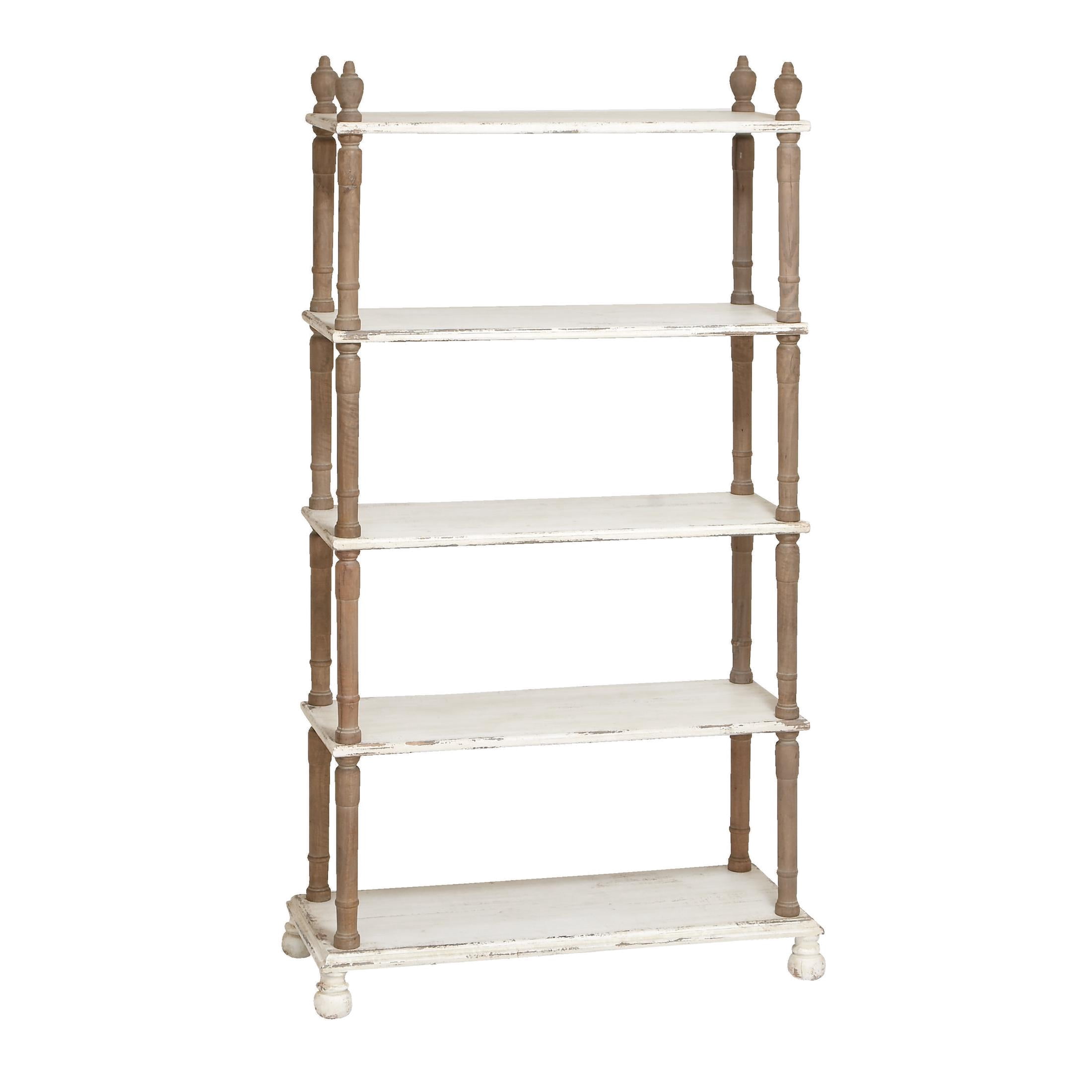 DecMode 37" x 75" White Wood Distressed Turned 5-Tier Shelving Unit with Brown Spindle Sides and Ball Feet, 1-Piece