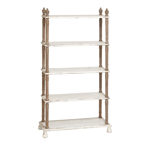 DecMode 37" x 75" White Wood Distressed Turned 5-Tier Shelving Unit with Brown Spindle Sides and Ball Feet, 1-Piece