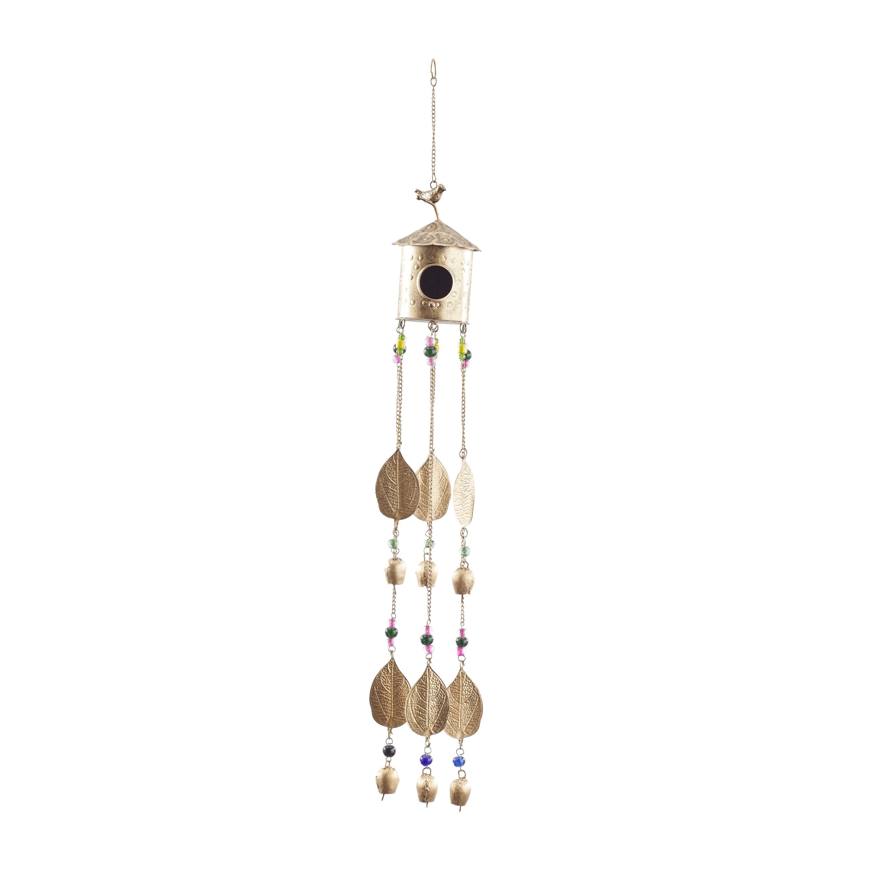 Decmode 38 Gold Metal Indoor Outdoor Bird House Windchime With Glass Beads And Bells preview
