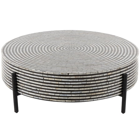 DecMode 38" x 12" Gray Mother of Pearl Shell Handmade Mosaic Inlay Geometric Coffee Table with Black Metal Legs, 1-Piece