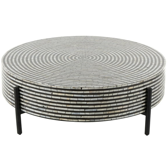 DecMode 38" x 12" Gray Mother of Pearl Shell Handmade Mosaic Inlay Geometric Coffee Table with Black Metal Legs, 1-Piece