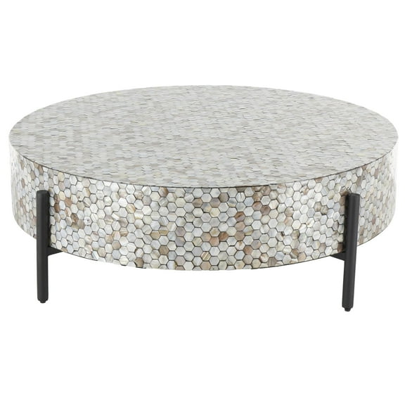 DecMode 38" x 13" Gray Mother of Pearl Shell Handmade Mosaic Inlay Geometric Coffee Table with Black Metal Legs, 1-Piece
