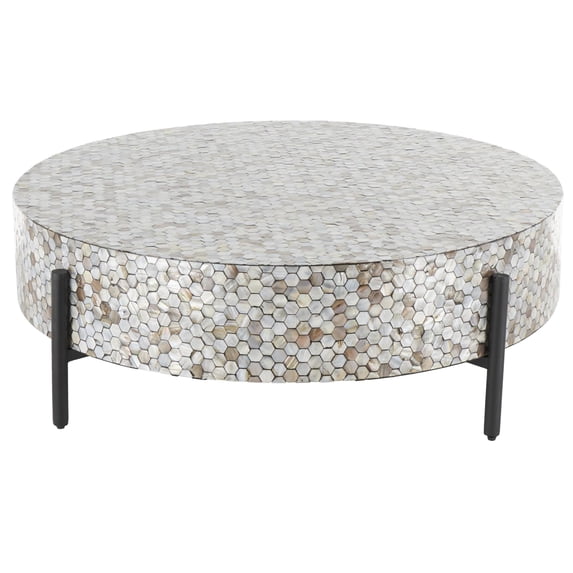 DecMode 38" x 13" Gray Mother of Pearl Shell Handmade Mosaic Inlay Geometric Coffee Table with Black Metal Legs, 1-Piece
