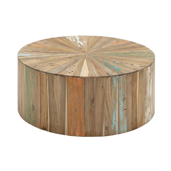 DecMode Brown Reclaimed Wood Starburst Handmade Pinwheel Drum Living Room Coffee Table with Colorful Painted Accents, 38" x 38" x 16"