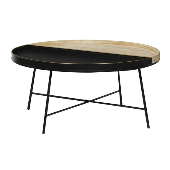 DecMode Black Metal Two-Toned Wood Split Tray Living Room Coffee Table, 38" x 38" x 18"