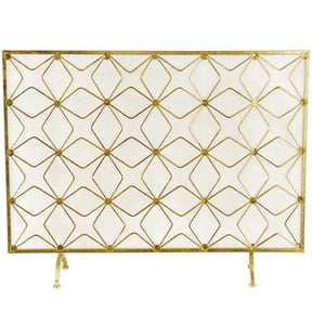 DecMode 38" x 28" Gold Metal Star Patterned Single Panel Geometric Fireplace Screen with Mesh Netting, 1-Piece
