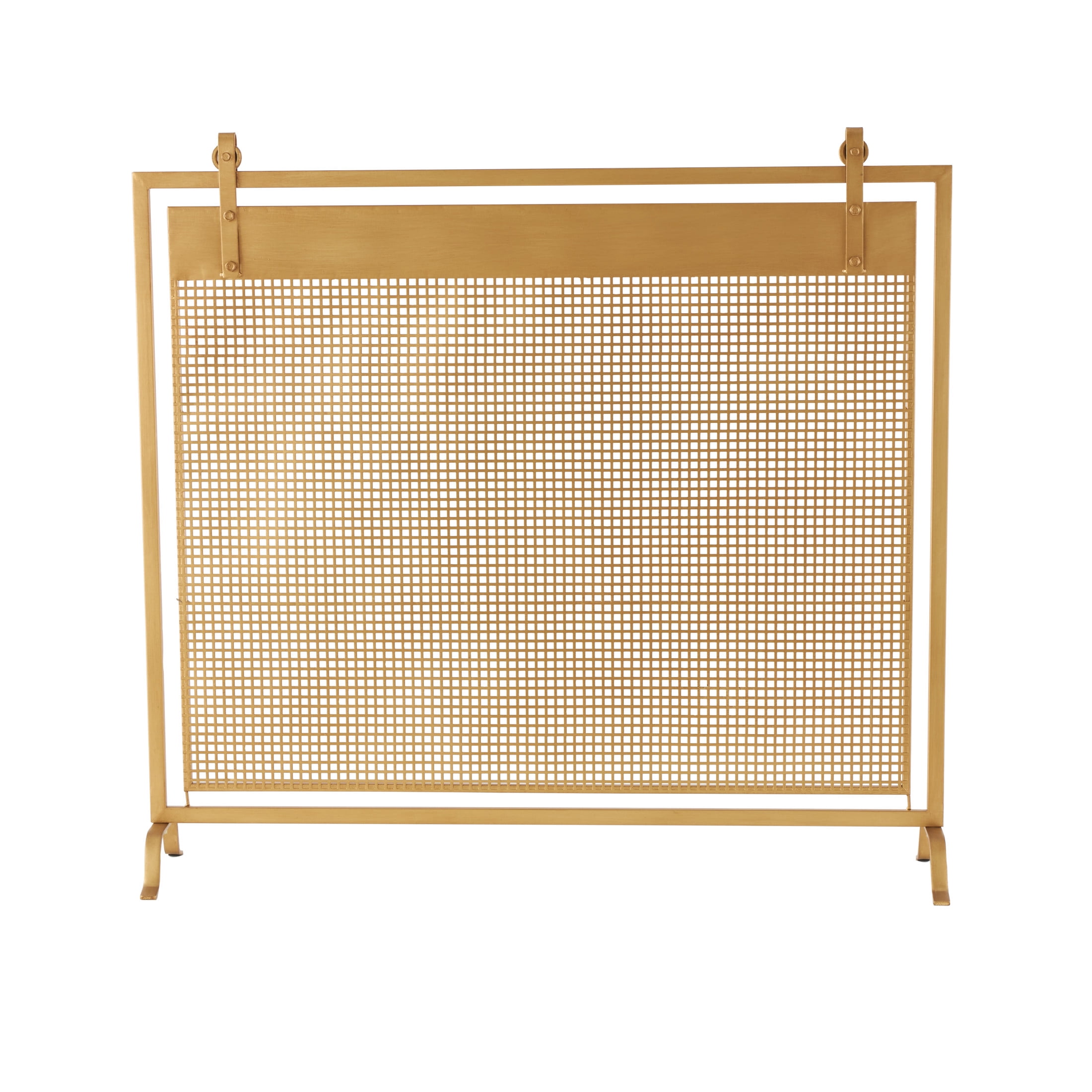DecMode 38" x 36" Gold Metal Suspended Grid Style Netting Single Panel Fireplace Screen with Bolted Details, 1-Piece