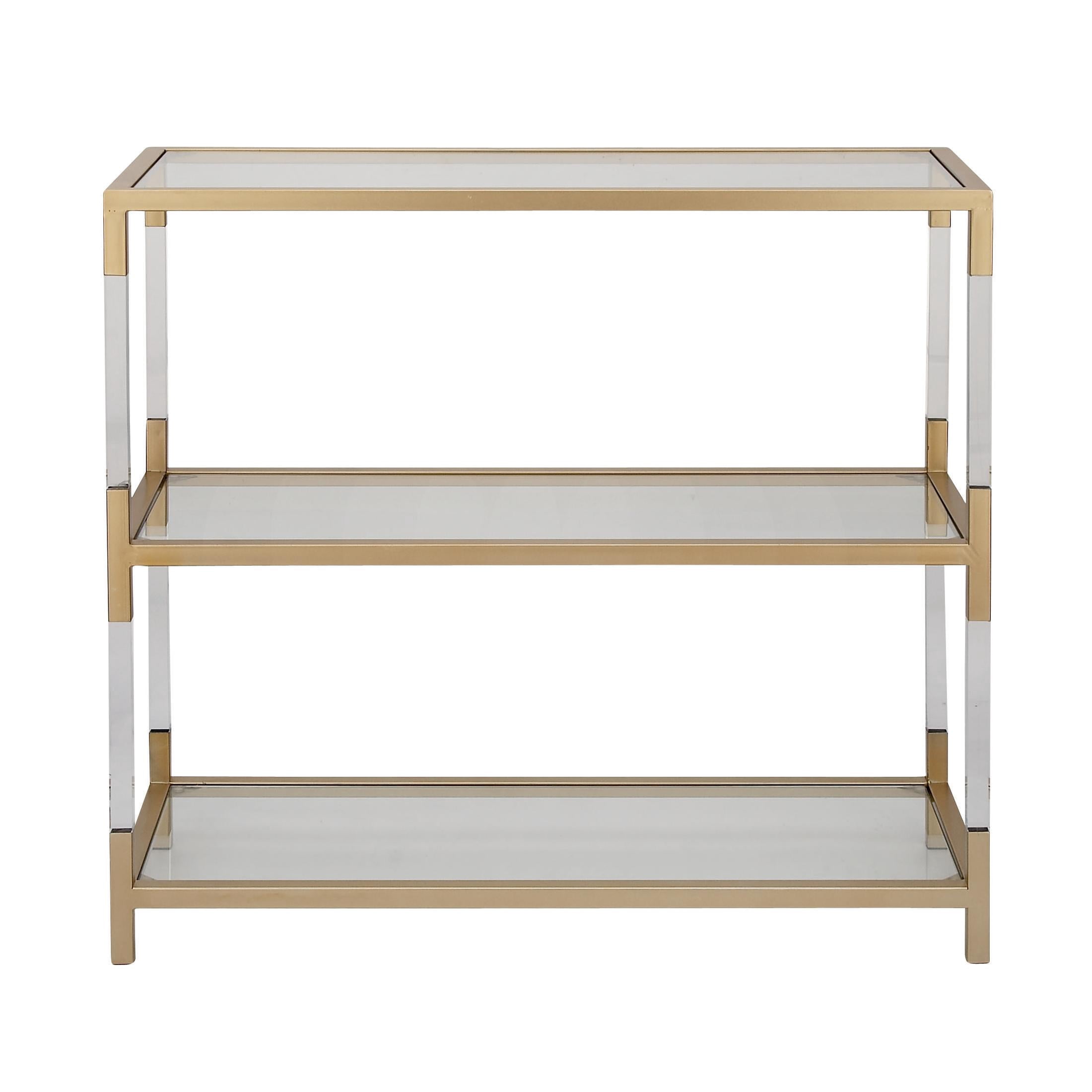 DecMode 38" x 36" Gold Metal 2 Shelf Console Table with Clear Glass Top and Acrylic Legs, 1-Piece