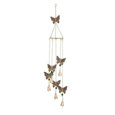 DecMode 39" Gold Metal Embellished Butterfly Windchime with Glass Beads and Cone Bells