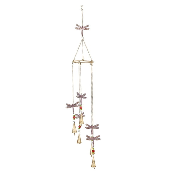 DecMode 39" Gold Metal Indoor Outdoor Embellished Dragonfly Windchime with Glass Beads and Cone Bells