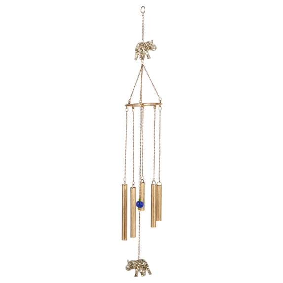 DecMode 39" Gold Metal Indoor Outdoor Embellished Elephant Windchime with Glass Beads and Pipe Bells