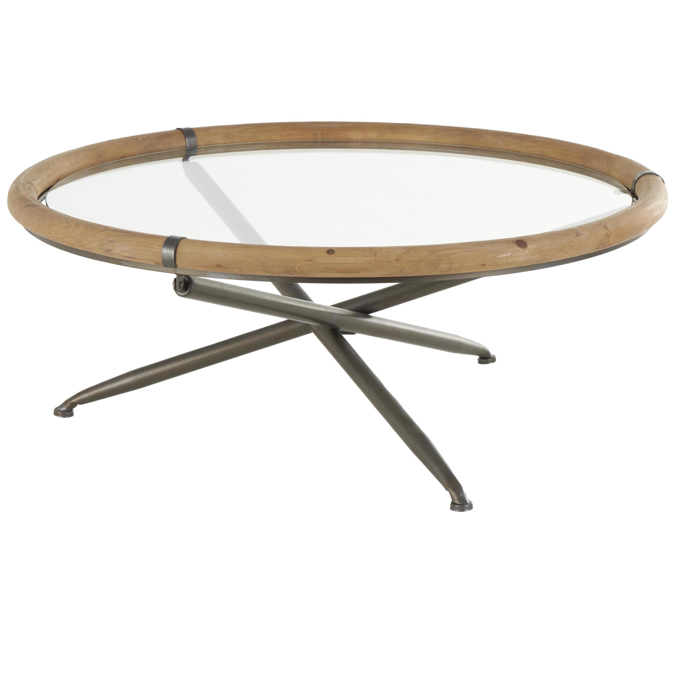 DecMode 39" x 16" Brass Metal Round Coffee Table with Brown Wooden Framed Glass Tabletop, 1-Piece