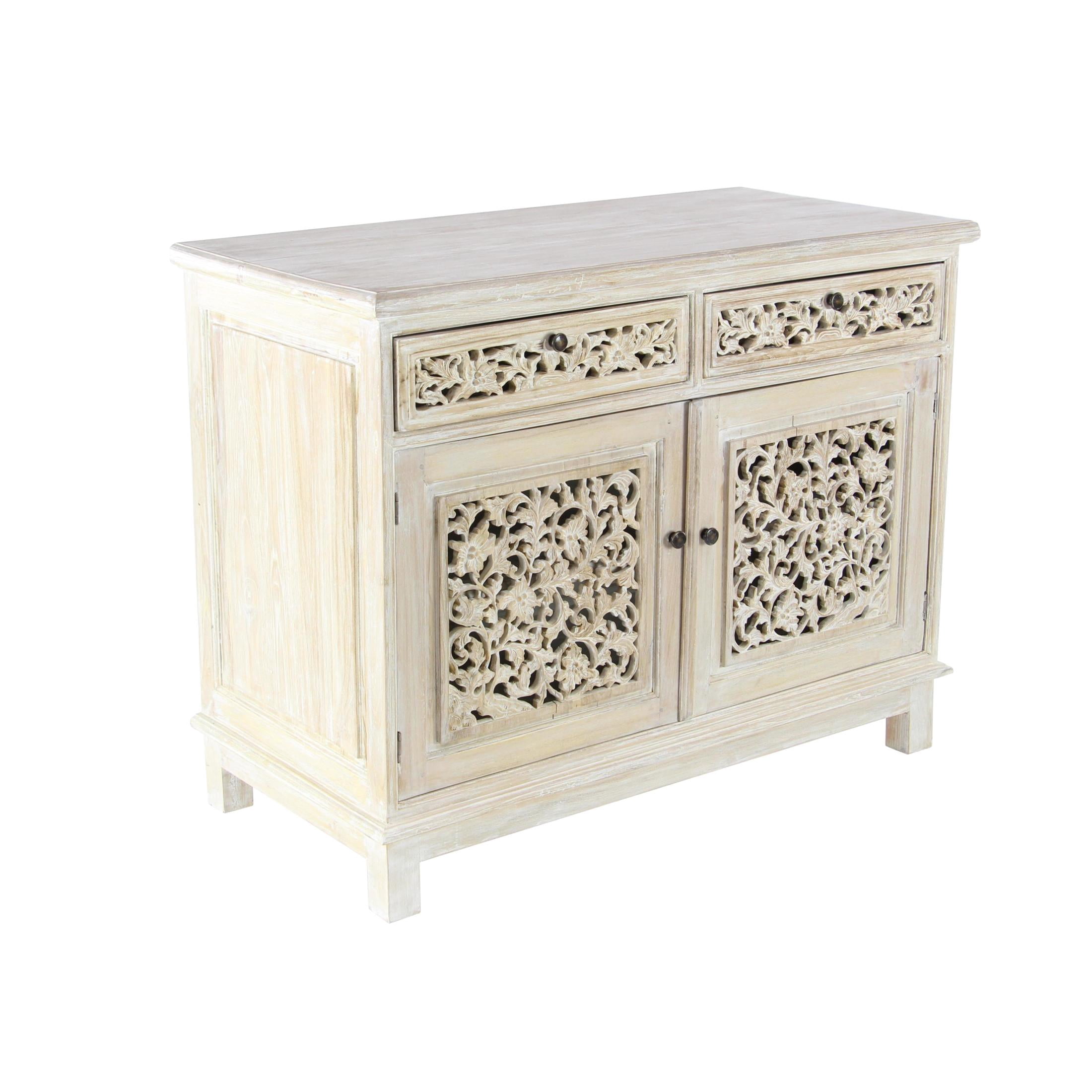 DecMode 39" x 32" White Wood Intricately Carved 2 Door and 2 Drawer Floral Cabinet, 1-Piece