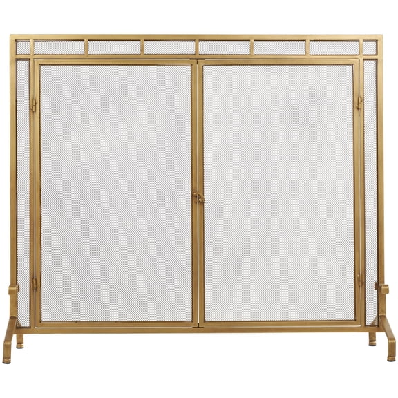 DecMode 39" x 34" Gold Metal Geometric Single Panel Fireplace Screen with Latched Doors and Arched feet